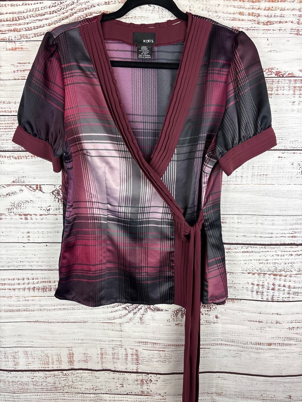 Y2K Mix It Maroon Black Plaid Satin Faux Wrap V Neck Top Office Club Womens Sz L